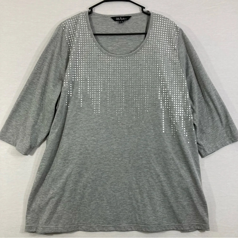 Ulla Popken Light Gray Soft Stretch Metallic Dots Detail Top size 20/22‎